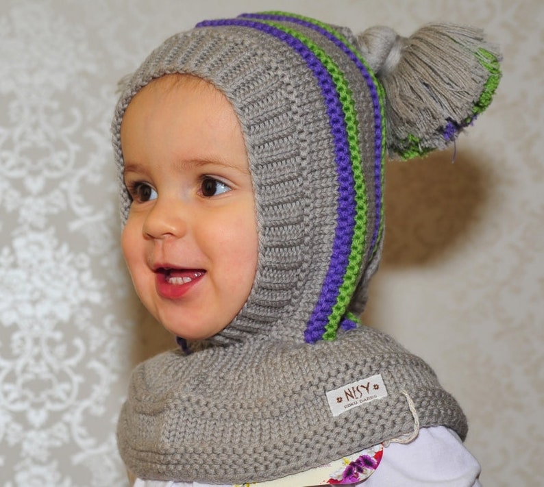 Grey Baby, Toddler Boy's Balaclava hat. Merino wool Hoodie Hat with Pom Poms and neckwarmer. Size 6-12m / 1-3-6-10 years. image 2