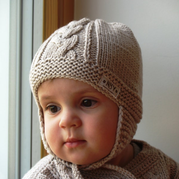 Gorro de punto color beige para bebé. Gorro con orejeras de lana merino para bebé/niño pequeño. Gorro de aviador, tejido a mano. Disponible en varios colores. Tallas de 0 a 36 meses.
