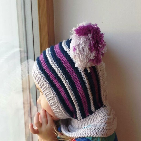 Light grey/ purple Merino Wool Balaclava, Baby/ Toddler/ Children Hoodie winter hat with Pom Poms. Size 6-12m / 1-3-6-10 years.