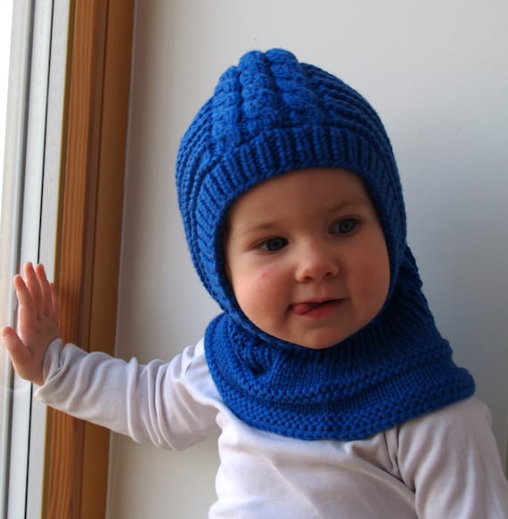 Cagoule en laine mérinos pour bébé / tout-petit.Chapeau bleu royal