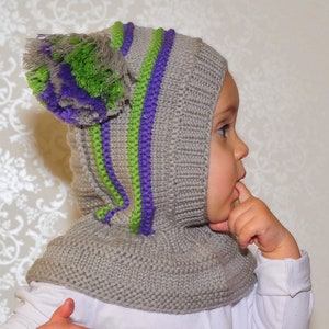 Grey Baby, Toddler Boy's Balaclava hat. Merino wool Hoodie Hat with Pom Poms and neckwarmer. Size 6-12m / 1-3-6-10 years. 画像 1