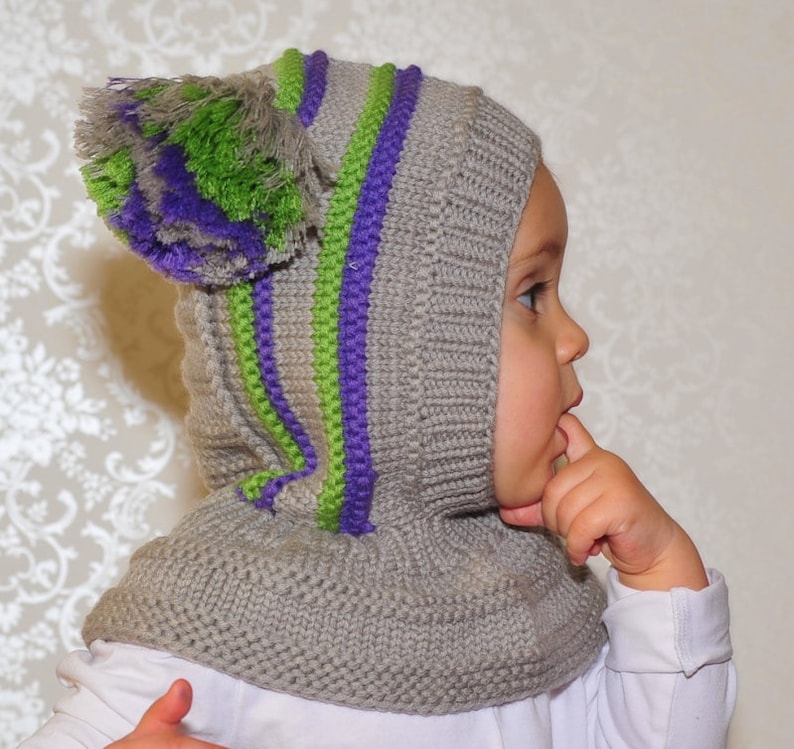 Grey Baby, Toddler Boy's Balaclava hat. Merino wool Hoodie Hat with Pom Poms and neckwarmer. Size 6-12m / 1-3-6-10 years. image 1