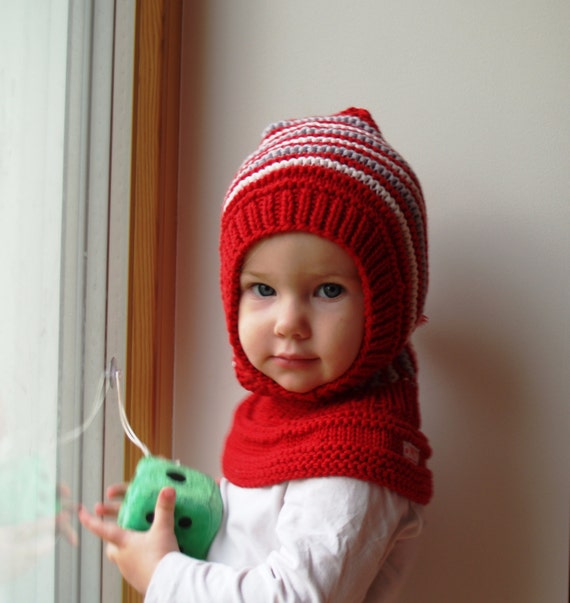 Pasamontañas Merino de punto rojo para bebé, niño pequeño, sombrero de niño  con cola de pompón, sombrero de elfo de lana. Talla 6-12m / 1-3-6-10 años.  -  México