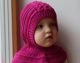 Merino Balaclava, bebé / niño / niña sudadera con capucha sombrero &cuello y calentador en rojo frambuesa. Tallas 6-12m / 1-3-6-10 años.