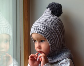 Merino Pixie Balaclava Baby/Toddler/ Hoodie in Silver Grey with Contrasting Pom Pom. Winter hat