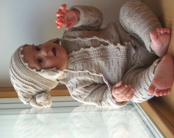 Hand Knit Baby/ Toddler Sweater Set - Beige Jacket, Pants & Hat for Baby, Merino Wool. Sizes 0-24M.