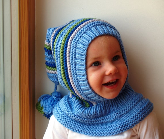 Cappello di elfo blu. Passamontagna in maglia per bambino, bambino,  cappello con cappuccio ragazzo con pom pom tail. Taglie dall'età di 6 mesi  a 10 anni -  Italia