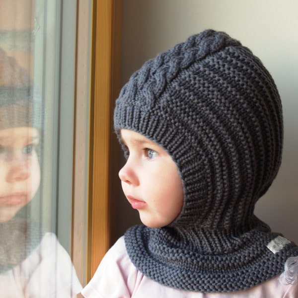 Gris oscuro Merino lana Balaclava sombrero, bebé / niño pequeño / niños sudadera con capucha, casco.