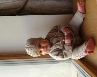 Hand Knit Baby/ Toddler Sweater Set - Beige Jacket, Pants & Hat for Baby, Merino Wool. Sizes 0-24M.