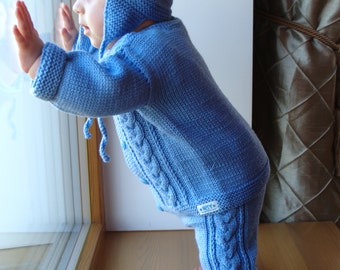 Hand Knit Baby/ Toddler Boy Sweater Set - Sky Blue Jacket, Pants & Hat for Baby, Merino Wool. Sizes 0-24M.