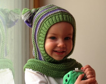 Merino Wool Balaclava,Baby/Toddler/Children Hoodie hat with Pom Poms,Green Hat & Neckwarmer. Size 6-12m / 1-3-6-10 years.