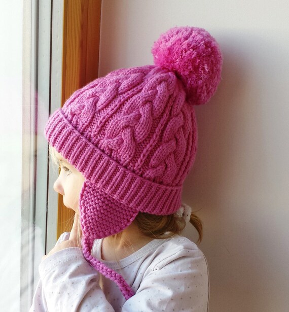 Beauty Pink Hand Knit winter hat for girls and Moms. Pom pom beanie with (out) ear flaps.