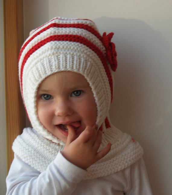 Light Grey Girl Balaclava, Knitted Hoodie Hat With Flower, Waldorf