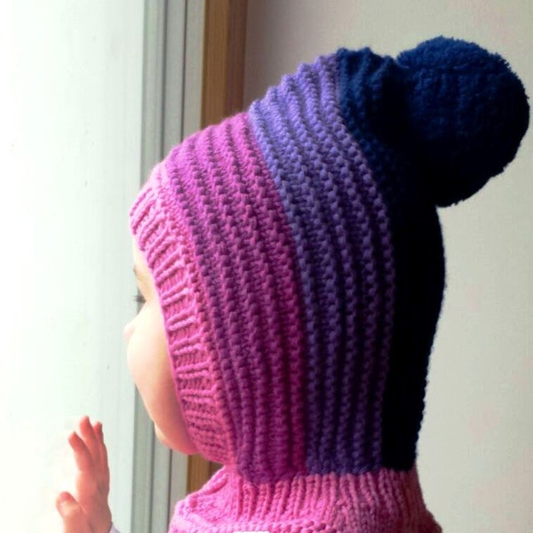 Merino wool Pixie Balaclava hat for Baby/ Toddler/ Girl hat with Pom Pom, Pink, purple, Navy.