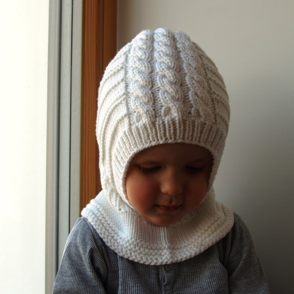 Merino Balaclava, Baby/ Toddler/ Kids Hoodie hat, Snow white Hat-Neckwarmer. Sizes 6-12m / 1-3-6-10 years.