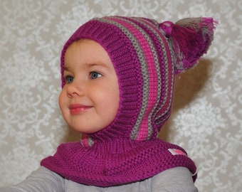 Merino Balaclava sombrero, bebé / niño pequeño / niños con capucha sombrero con Pom Poms, Orquídea Púrpura. Tamaño 6-12m / 1-3-6-10 años.