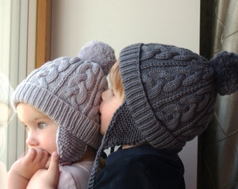 Merino wool Hand Knit bobble hat for toddler, siblings, parents. Grey Cable Pom pom beanie with(out) ear flap. Any color