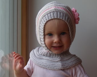 Light Grey Girl Balaclava, Knitted Hoodie Hat with Flower, Waldorf  Hat, Merino. Size 6-12m / 1-3-6-10 Years