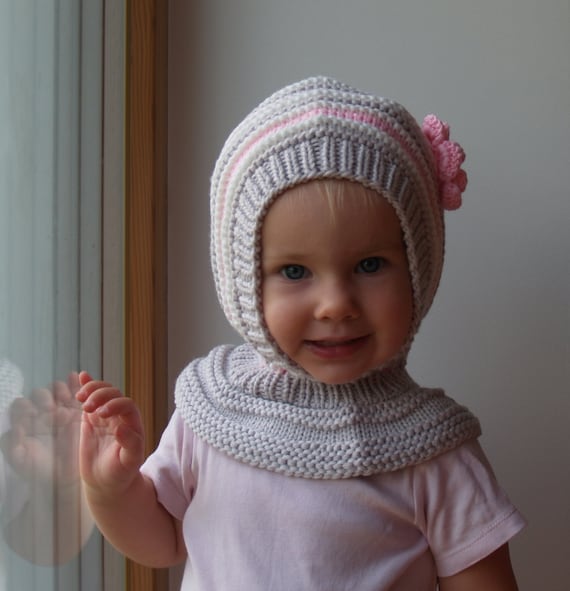 Light Grey Girl Balaclava, Knitted Hoodie Hat With Flower, Waldorf