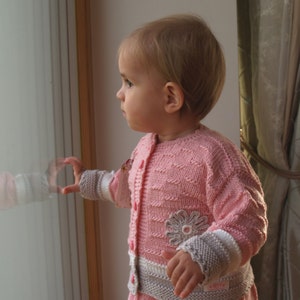 Hand Knit Sweater, Baby Girl Cardigan. Light pink, Merino Wool Baby Jacket with flower. Sizes 0-3-6-12-24 READY TO SHIP