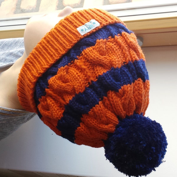 Orange & Navy Blue Hand Knit Merino hat for kids, teens/ adults. Wool Cable knit pom pom beanie. Sizes 1-2-4-6-10+ years