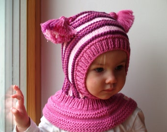 Merino Wool Balaclava Hat, Baby/ Toddler Hoodie hat with Pom Poms, Pink Hat. Sizes 6-12m / 1-3-6-10years