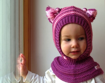 Merino Wool Balaclava Hat, Baby/ Children  Hat with Neckwarmer and pom poms. Purple