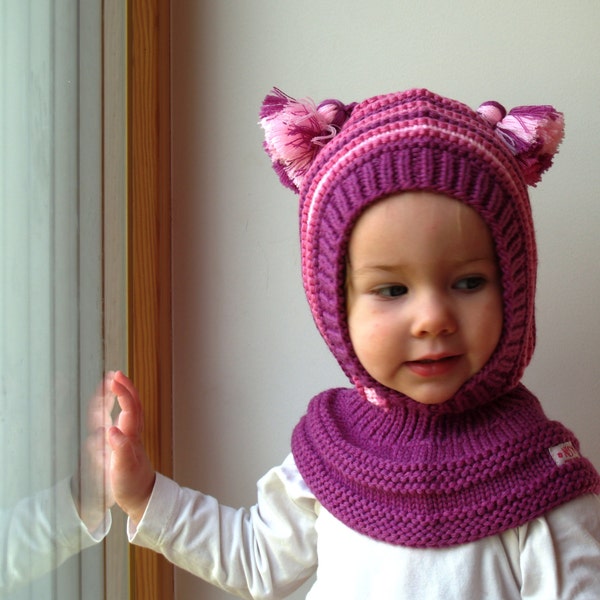 Cappello passamontagna in lana merino, cappello per neonati / bambini con scaldacollo e pom pom. Porpora