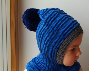 Winter hat, Royal blue Merino Balaclava Baby/ Toddler/ Boy Hoodie with Pom Pom and contrast detail. Other colors available