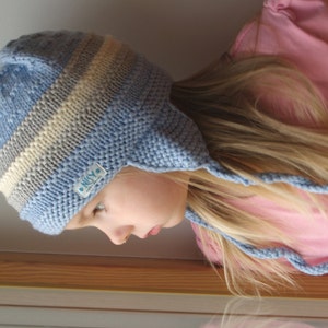 Merino wool ear flap hat for baby / toddler, bonnet, Pilot hat for kids, hand knitted. Sizes 0-3-6-12 months, 1-2-3years