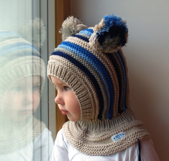 Pasamontañas de lana Merino para bebé / niño pequeño.Sombrero azul real con  calentador de cuello.Tallas 6-12m / 1-3-6-10años. -  México