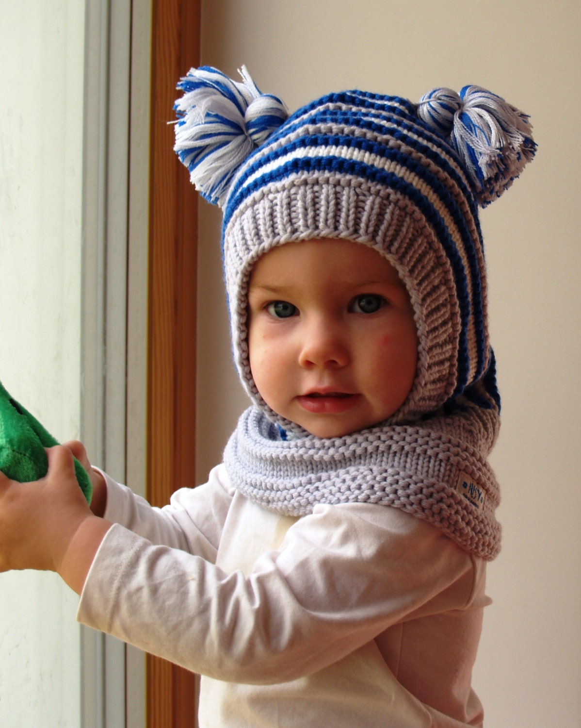 Balaclava Hat Baby/ Toddler Hoodie Hat With Pom Poms Merino Etsy