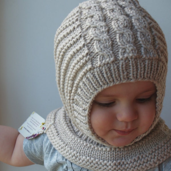 Chapeau d’hiver cagoule en laine mérinos, chapeau à capuche pour bébé / tout-petit / enfants, casque beige. Taille 6-12m / 1-3-6-10 ans.