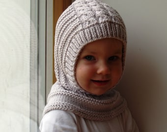 Merino Wool Balaclava Hat, Baby/ Toddler/ Children Hoodie hat, Light Grey Helmet.