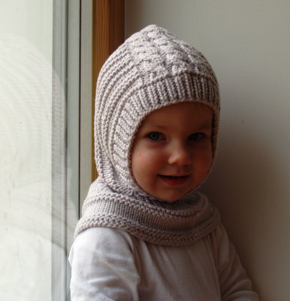 Light Grey Girl Balaclava, Knitted Hoodie Hat With Flower, Waldorf