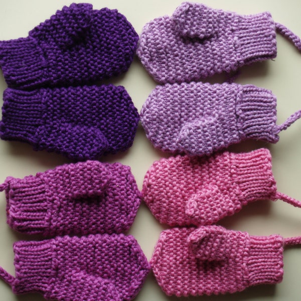 Mitaines en laine mérinos pour tout-petits/enfants. Accessoire tricoté à la main pour filles, mitaines violettes avec (sans) ficelle. Plus de couleurs. Taille 6-12M,1-3-6-10A