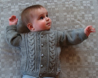 Hand Knit Sweater, Cardigan for Baby Boy. Olive Grey Merino Wool Baby Jacket. More colors & sizes (0-24m)