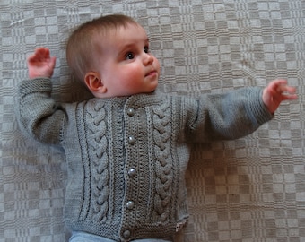 Hand Knit Sweater, Cardigan for Baby Olive Grey Merino Wool Baby  More colors sizes (0-24m)