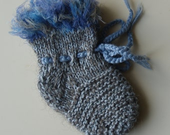 SALE!! Extra warm Socks for newborn, Hand Knit from dog hair and wool blend. Grey blue melange. Size 0-6 months,