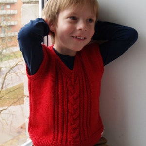 Knitted Baby/ Toddler Vest, Red Merino Wool Tank top for baby/ toddler/ child, hand knitted in cable knit. MADE TO ORDER in any size/ color