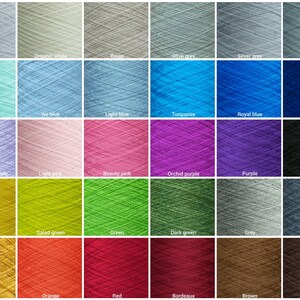 May include: A color chart of yarn skeins in various colors, including white, mint, light orchid purple, yellow, mustard, organic white, air blue, light pink, salad green, orange, beige, light blue, turquoise, beauty pink, green, red, olive grey, royal blue, orchid purple, dark green, bordeaux, silver grey, navy blue, purple, grey, brown, light grey, dark grey, and chocolate.