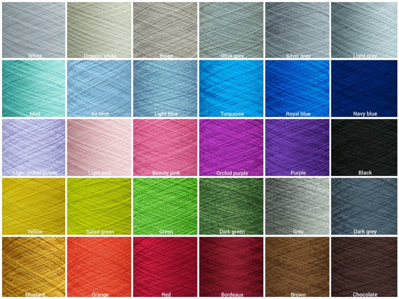 May include: A color chart of yarn skeins in various colors, including white, mint, light orchid purple, yellow, mustard, organic white, air blue, light pink, salad green, orange, beige, light blue, turquoise, beauty pink, green, red, olive grey, royal blue, orchid purple, dark green, bordeaux, silver grey, navy blue, purple, grey, brown, light grey, dark grey, and chocolate.