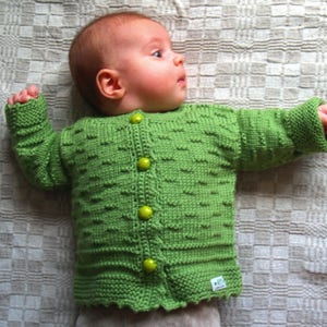 Hand Knit Sweater, Cardigan for Baby with small stripe detail. Bright Green Merino Wool Baby Jacket. More colors & sizes (0-7 Years)
