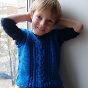 Knitted Baby/ Toddler Vest, Royal Blue Merino Wool Tank top for baby boy, hand knitted in cable knit. MADE TO ORDER in any size and color