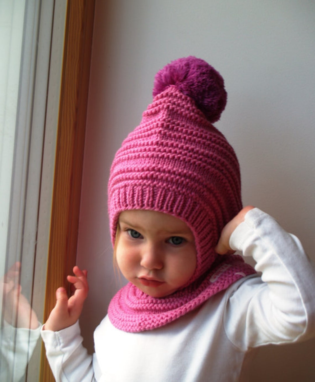 Merino Pixie Balaclava Baby/ Toddler/ Girl Hoodie With Pom Pom, Pink ...