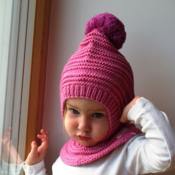 Merino Pixie Balaclava Baby/ Toddler/ Girl Hoodie with Pom Pom, Pink with Neckwarmer. Size 6-12m / 1-3-6-10Years
