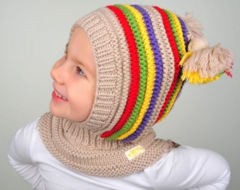Merino Wool Balaclava Hat, Baby/ Toddler Hoodie with Pom Poms, Beige Hat - Neckwarmer. Size 6-12m / 1-3-6-10 years.
