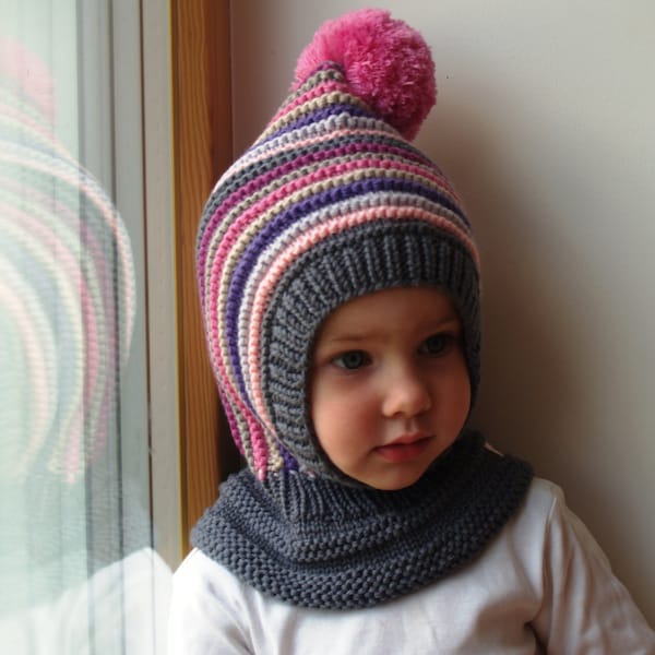 Merino Pixie Balaclava Baby/Toddler/Girl Hoodie with Pom Pom, Grey Pink with Neckwarmer. Size 6-12m / 1-3-6-10 years.