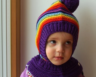 Merino Pixie Balaclava Bebé / Niño / Niña sombrero con Pom Pom, Sombrero arco iris púrpura & Neckwarmer. Tamaño 6-12m / 1-3-6-10 años.