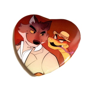 DWA TBG Heart Button, Bad Guys Pinback Button, Wolf and Snake Button, Pinback Button, Heart Shaped TBG Button